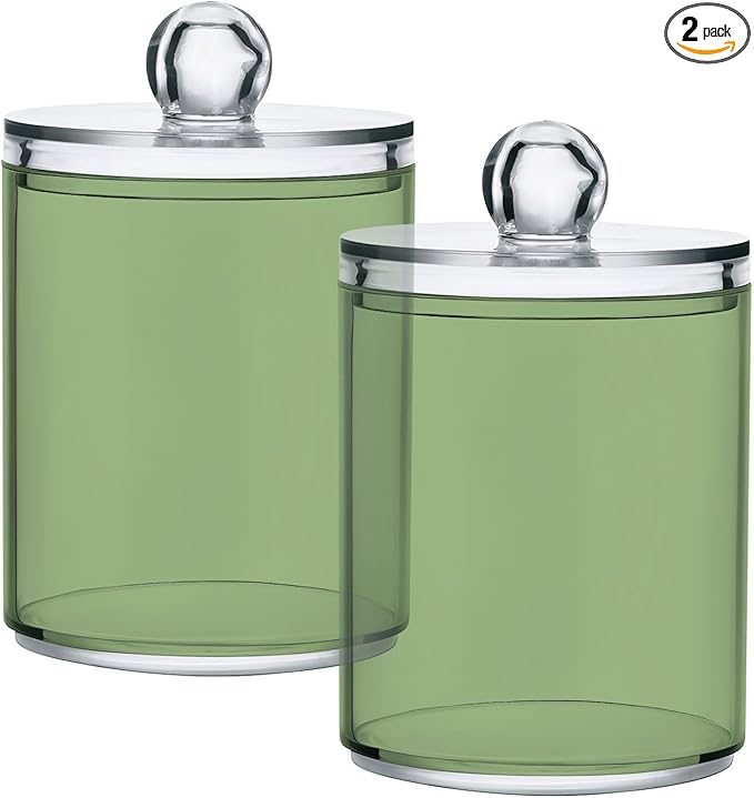 Xigua Light Green 2 Pack Qtip Holder Dispenser With Lid, Apothecary Jars Plastic Swabs Cans Clear Bathroom Storage Canister for Cotton Ball, Swab, Round Pads, Floss26