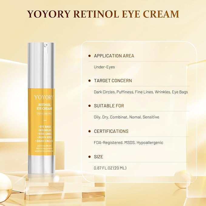 Retinol Eye Cream for Dark Circles - Rapid Under Dark Circles,Wrinkles, Eye Bags, Puffiness Remover for Women and Men, Temporary Firming & Tightening Treatment 0.66 fl oz (Gold)