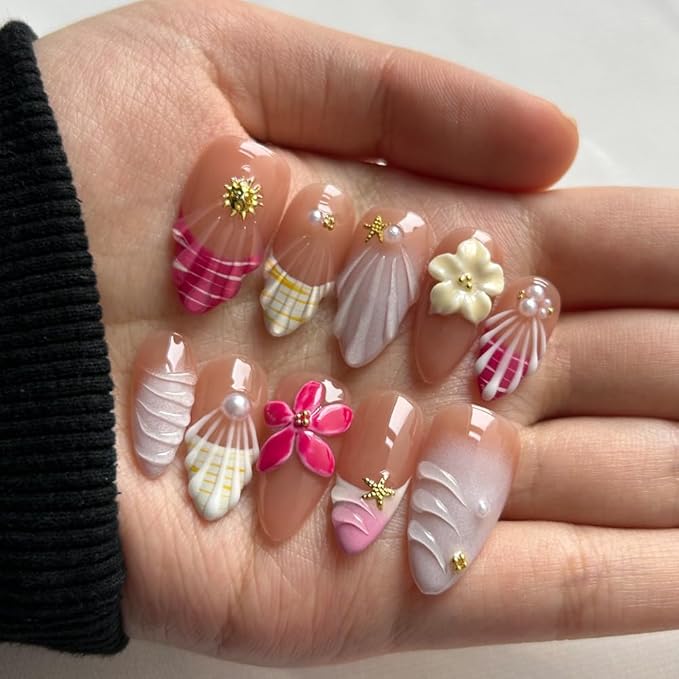 MAGLFELL Press On Nails Medium Almond Nails, Handmade 3D Design Fake Nails with Thick Acrylic Multi-Layer Gel Nails, Reusable Durable DIY Artificial Nails for Women (10 Pieces)