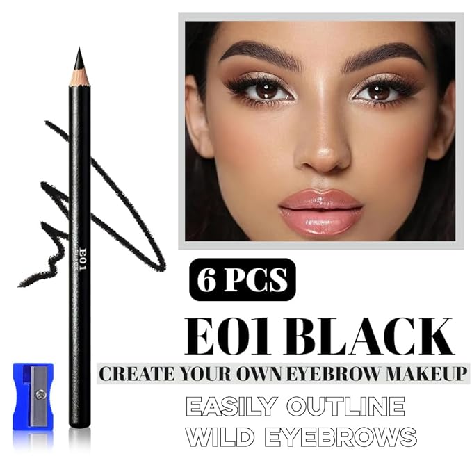Eyebrow Pencils for Women with Sharpener, 6Pcs Hard-Core Wooden Eye Brow Eye Liner Pencils for Beginner Makeup, Waterproof & Sweat-Proof (6Pcs-Black)