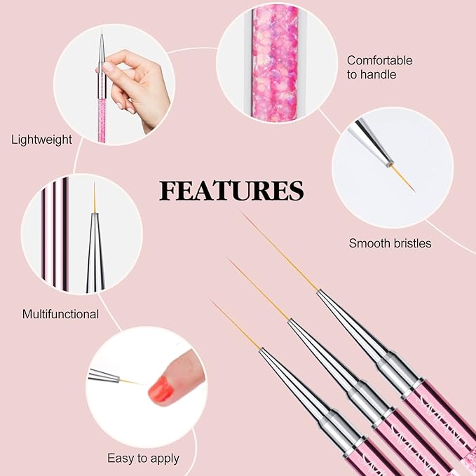SAVILAND 6pcs Nail Art Liner Brushes Set: Nail Brush Gel Polish Painting Nail Art Design Brushes Pen with Crushed Diamond Rhinestone Handle for Pulling Lines,Sizes 7/9/11/13/17/23 mm