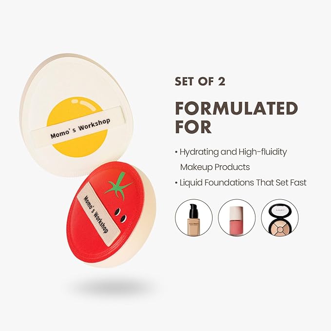 Sun Egg Makeup Sponge Puff & Tomato Makeup Sponge Set - 2PCS Medium Bounce Rubycell,Halloween Foundation Puffs for Creamy Finish, Quick Blending, Comfortable for All Skin Types & Storage Case