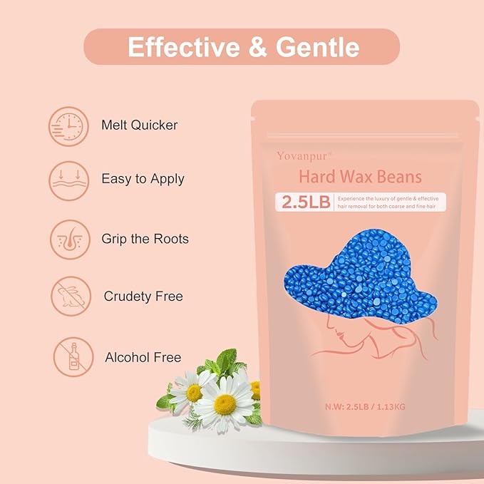 Yovanpur 2.5lb Wax Beads for Hair Removal, Hard Wax Beans for Sensitive Skin, Bulk Hair Removal Waxing Beads for Brazilian, Bikini, Face, Eyebrows, Underarms, Legs, Women and Men (Blue)