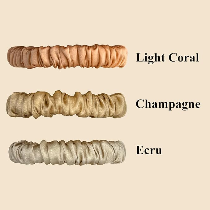 VLOMOT 3 Pcs Set 100% Pure Mulberry Silk Hair Scrunchies Hair Ties with 3 Chic Colors Everyday Skinny Scrunchies Silk Ponytail Holders Hair Care No Damage (Champagne)