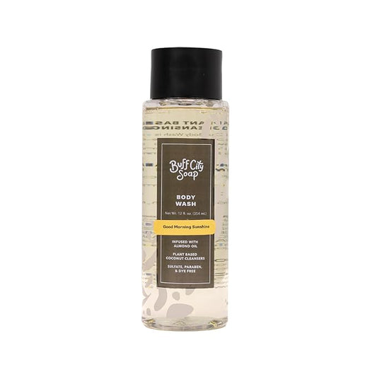 Buff City Soap Plant-Based Body Wash - Coconut Cleansers & Almond Oil Infused, Gentle & Rich Non-Drying Lather, Helps Reduce Moisture Loss & Supports Skin Barrier-Good Morning Sunshine, 12 fl oz