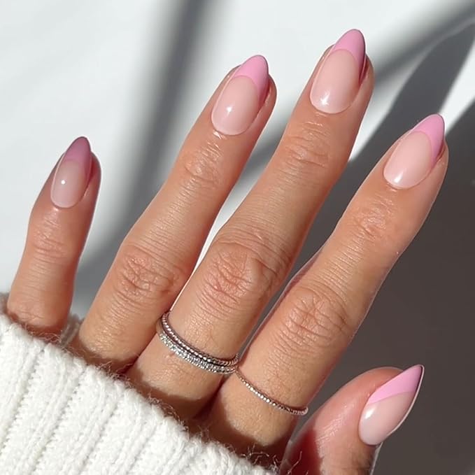 Glamnetic Press On Nails - Pink Macaron | Semi-Transparent Light Pink Pastel French Tip Short Almond Fake Nails in a Glossy Finish, Salon Quality | 15 Sizes - 30 Nail Kit