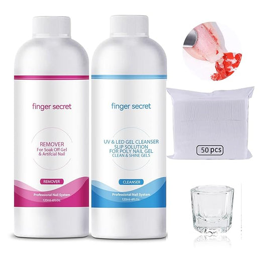 BEVINAS Nail Polish Remover Kit Nail Polish Remover & Slip Solution Polish Remover for Nails Slip Solution for Poly Gel Nails with Glass Cup Nail Cleaning pads