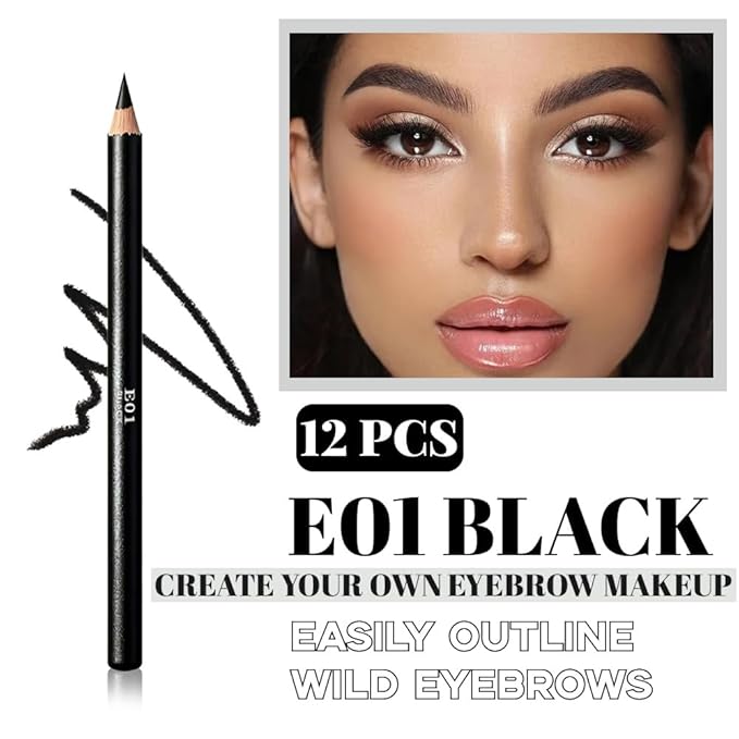 Eyebrow Pencils for Women, 12Pcs Hard-Core Wooden Eye Brow Eye Liner Pencils for Beginner Makeup, Black Coffee Brown Colors, Waterproof & Sweat-Proof (Black-12 Pcs-E01)