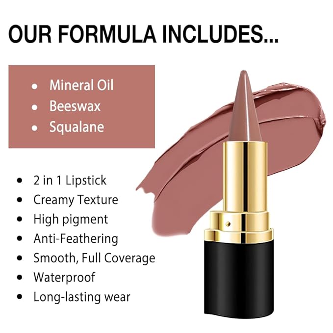 evpct Nuetral Nude Gradient Matte Lipstick Lip Liner Crayon Combo Pencil Set for Older Women Long Lasting Waterproof, Matte Brown Nude Cream Lip Liner and Lipstick Combo Makeup, Flawless Ombre Effect