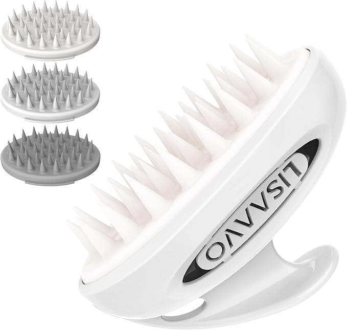 LISAAVO Scalp Massager Brush, with 3 Replacement Heads, 3 Softness for Selection, Shampoo Brush for Relaxing, Deep Cleansing Exfoliator & Soothes itching - Wet/Dry Use for All Hair Types, White