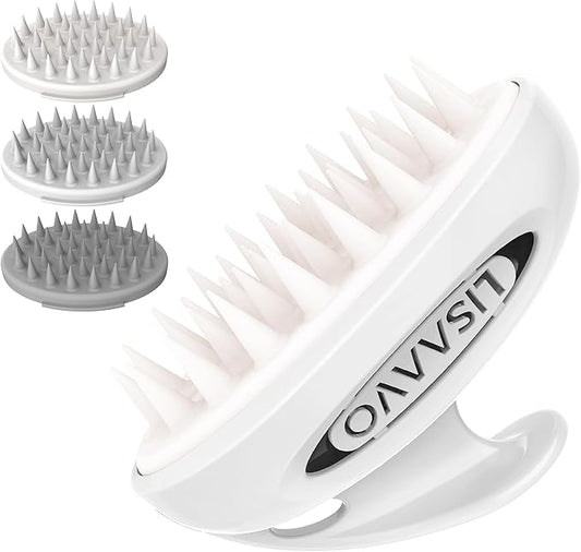 LISAAVO Scalp Massager Brush, with 3 Replacement Heads, 3 Softness for Selection, Shampoo Brush for Relaxing, Deep Cleansing Exfoliator & Soothes itching - Wet/Dry Use for All Hair Types, White