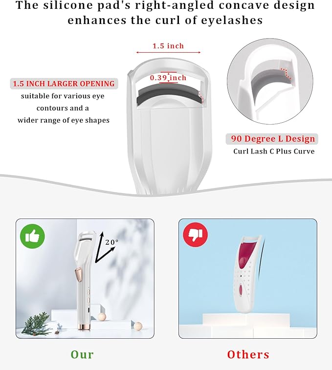 Heated Eyelash Curler Premium PRO - Fast Heat up in 8s - 24 Hours Long Lasting - Rechargeable Electric Eyelash Curler with Type-C, Innovative L Silicone, 2 Heat Modes, Anti-Burn Eyelid, White-DC