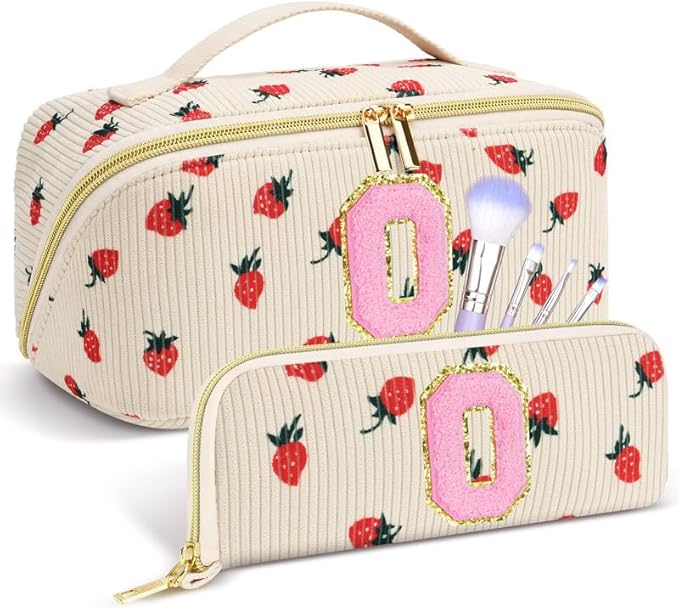 Personalized Travel Makeup Bag Set,Initial Travel Strawberry Makeup Organizer Bag,Toiletry Skincare Cosmetic Bag, Valentine's Day Gifts for Women/Girls/Teen,Open Flat Toiletry Pouch with Brush Bag