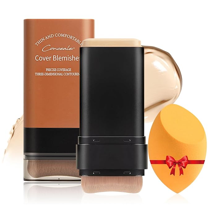 Full Coverage Foundation Stick with Contour Brush, Water Resistant & Lightweight Foundation Makeup with Beauty Sponge, Buildable Concealer Stick for Multiple Skin Tones, Daily Natural Matte Finish