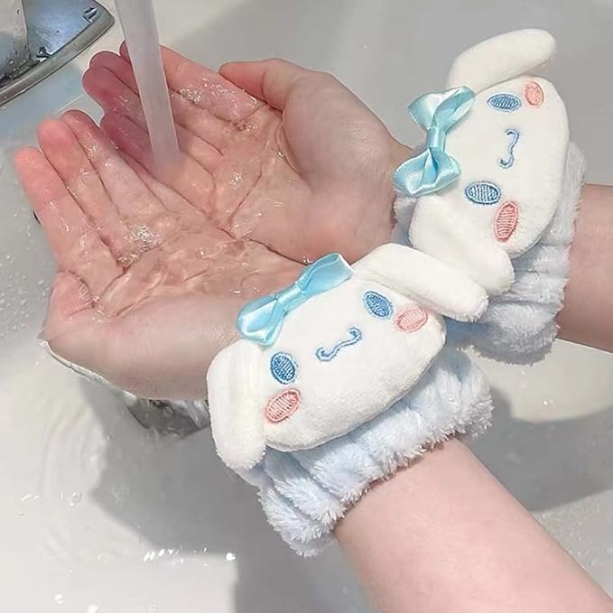 Kawaii Spa Headband and Wristband Set for Face Washing, Cute Soft Skincare Headbands for Women Girls, Fluffy Makeup Headband for Washing Face, Bath, Shower, Beauty