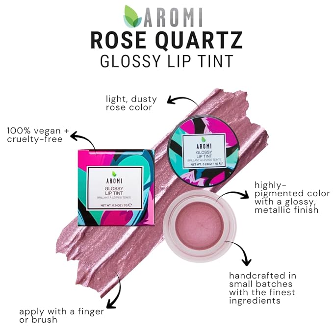 Aromi Glossy Lip Tint in Pot – Shimmery, Hydrating Lip Gloss Color, Metallic, Rosy Mauve Shade, Vegan & Cruelty-free, Moisturizing, Non-Sticky Formula (Rose Quartz)