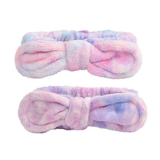 PERFECTSIGHT Kawaii Headband for Spa, Makeup, Washing Face, Party - 2 Pack Cute Bow Hair Band for Shower Beauty Skincare, Soft Facial Headbands for Girls and Women, Rainbow