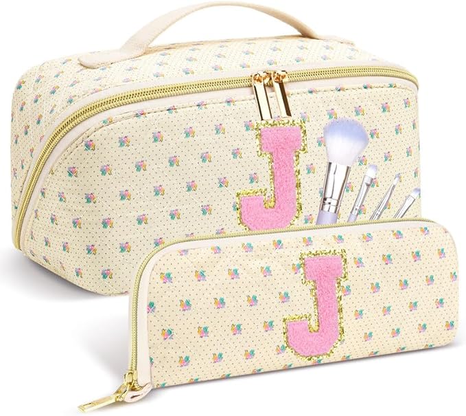 Personalized Travel Makeup Bag Set, Initial Travel Cute Floral Makeup Organizer Bag, Beige Toiletry Skincare Cosmetic Bag, Valentine’s Day Gifts for Women/Girls, Open Flat Toiletry Pouch Brush Bag