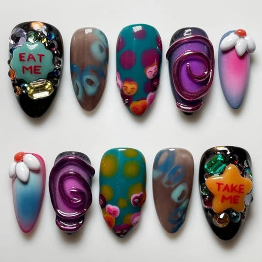 Press On Nails - Short Coffin Handmade Unique Fake Nails, Artistic Design, Thick Acrylic and Muti-Layer Gel False Nails, Reusable Gel Cured Sturdier 3D Fake Nails,DIY Art Decorate (Size S)