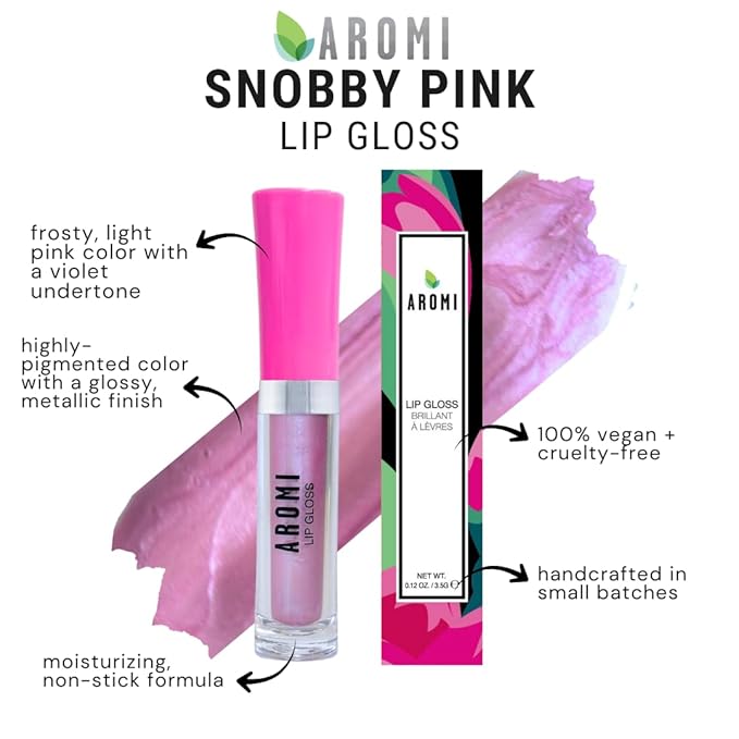 Aromi Frosty Pink Lip Gloss | Light Baby Pink Lip Color, Glossy, Metallic Finish, Shine, Shimmery, Plumping, Vegan, Gluten Free (Snobby Pink)
