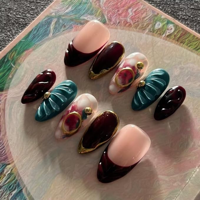 MAGLFELL Fall Press On Nails - Handmade GEL Medium Length Almond Fake Nails, Brown Rendering Painting Design, Reusable Artificial Almond False Nails for Women 10 Pcs Acrylic Nails Kit (Size S)
