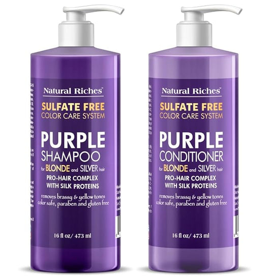 Natural Riches Purple Shampoo and Conditioner Set for Blonde, Silver & Grey Hair – Sulfate-Free, Color-Safe, Removes Brassy & Yellow Tones for Natural, Highlighted, and Bleached Hair – 16x2 fl oz