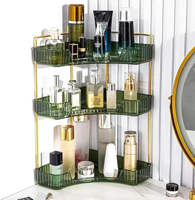 Corner Bathroom Counter Organizer, Vanity Trays, Skincare Makeup Organizer, Bathroom Counter Shelf (3 Tiers, Green)