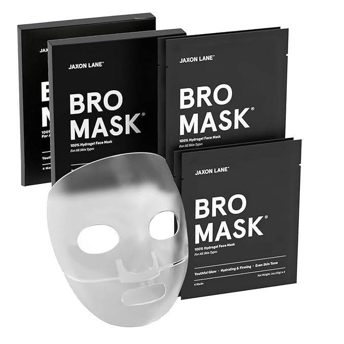 JAXON LANE BRO MASK Premium Korean Face Mask for Men (4 Pack) - Anti Aging Sheet Masks w/Hydrogel, Vitamin C, Hydrolyzed Collagen, & Hyaluronic Acid - Perfect Skin Care Stocking Stuffers for Men