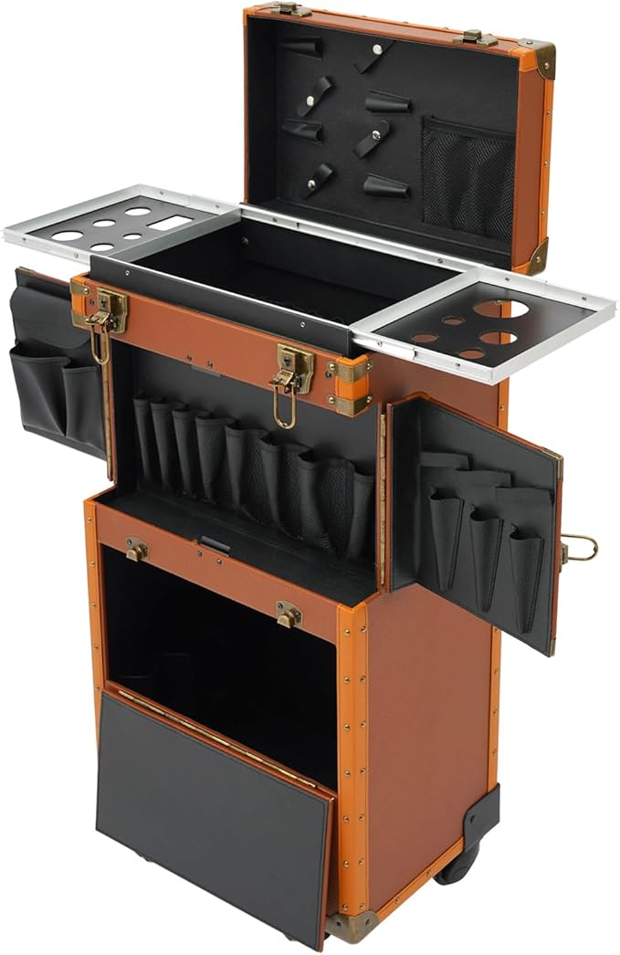 Rolling Lockable Makeup Train Case, Beauty Salon Luggage Hairdressing Trolley Stylist Beauty Salon Cosmetic Luggage Travel Organizer Tool Box for Professional Hairdressers(Coffee)