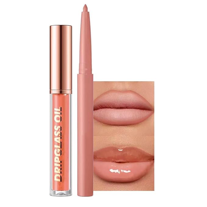 Hyesamyo Nude Lip Gloss Lip Liner Set, Lip kit with Lip Oil Lip Liner, Lip Plumer Gloss lip liner Pencil Waterproof Long Lasting Smudgeproof (04# nude)