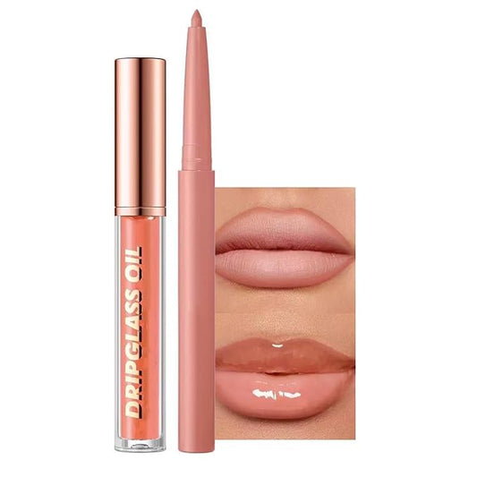 Hyesamyo Nude Lip Gloss Lip Liner Set, Lip kit with Lip Oil Lip Liner, Lip Plumer Gloss lip liner Pencil Waterproof Long Lasting Smudgeproof (04# nude)