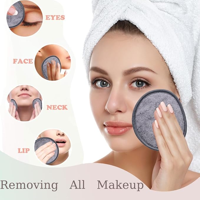 Large Reusable Makeup Remover Pads for Face, Soft Microfiber Makeup Remover Cloths Washable, Premiun 5 INCH Face Cleaning Pad with Laundry Bag, 24 Pack Grey