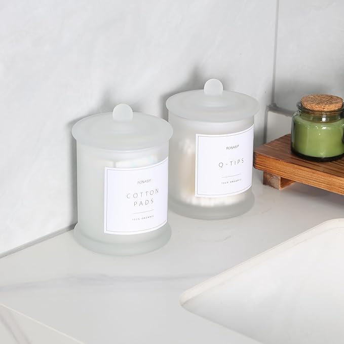 Ronasip Qtip Holder & Cotton Pad Dispenser, Bathroom Organizer and Storage Canisters, 16oz Glass Apothecary Jars for Kitchen, Restroom - Home Decor, Room Decor Aesthetic (2 Pack, Frosted White)