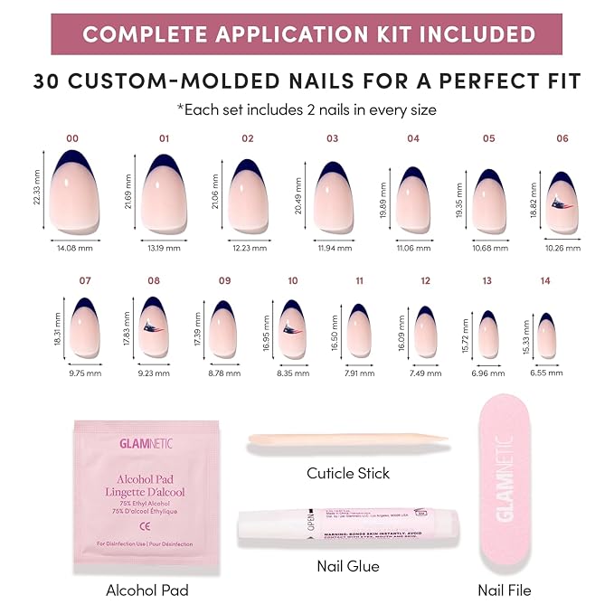 Glamnetic x Fanatics Press On Nails - New England Patriots | Short Almond Fake Nails, NFL Patriots Navy French Tips, Football Nails, Salon-Quality | 15 Sizes - 30 Nail Kit with Glue