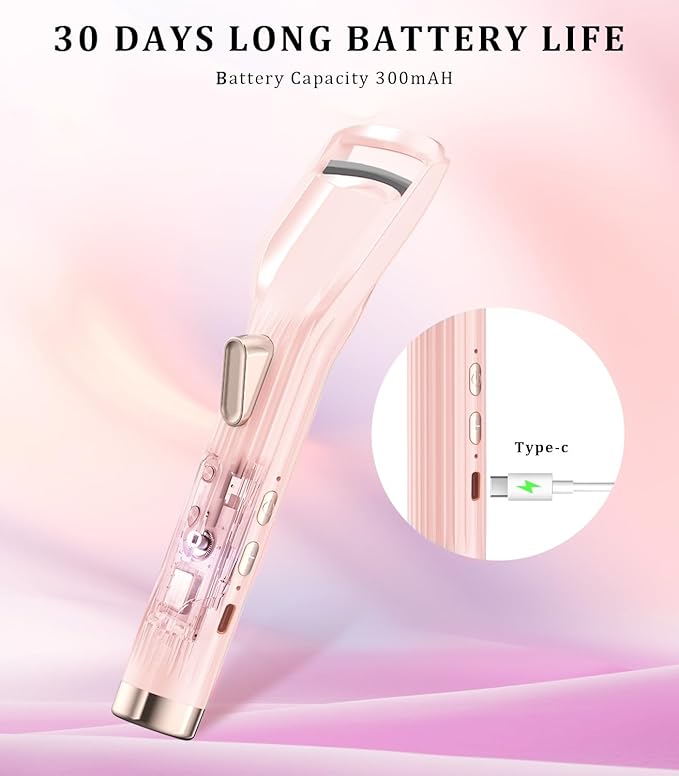 Heated Eyelash Curler Premium PRO - Fast Heat up in 8s - 24 Hours Long Lasting - Rechargeable Electric Eyelash Curler with Type-C, Innovative L Silicone, 2 Heat Modes, Anti-Burn Eyelid, Pink-FA