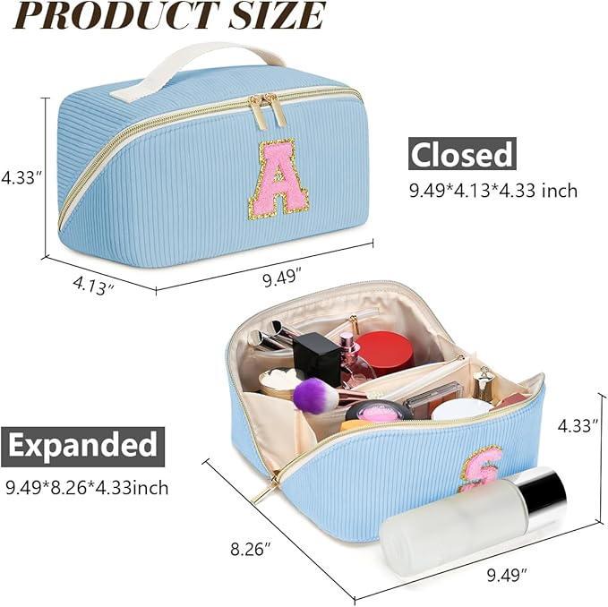Personalized Initial Makeup Bag, Valentine's Day Gifts for Girls,Preppy Bag Cosmetic Travel Bag Women,Travel Toiletry Organizer,Large Capacity Corduroy Stuff Bag,Cute Cosmetic Pouch Skincare Bag