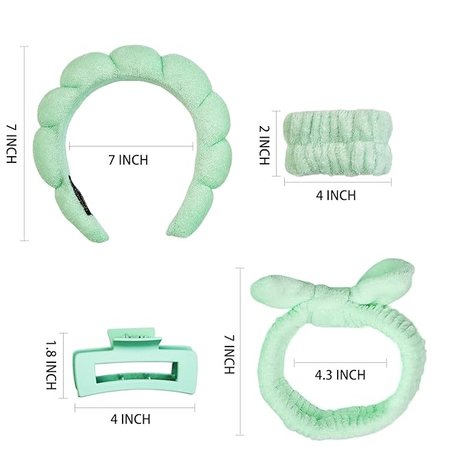 Yaqulen 7 Pcs Spa Set, Facial Headband and Wristband Set, Skincare Accessories, College Style Girl Idea Gifts, Hair Accessories for Women and Girls（Light Green）