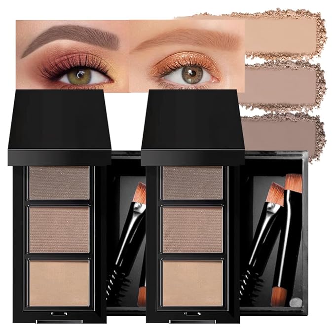 2Pcs Eyebrow Powder Kit, Long-Lasting Waterproof 3 Colors Matte Brow Powder, Eye Brow Powder for Women with 2 Double-ended Eyebrow Brush, Purse-Friendly Compact (Light Medium Brown, 2Pcs)