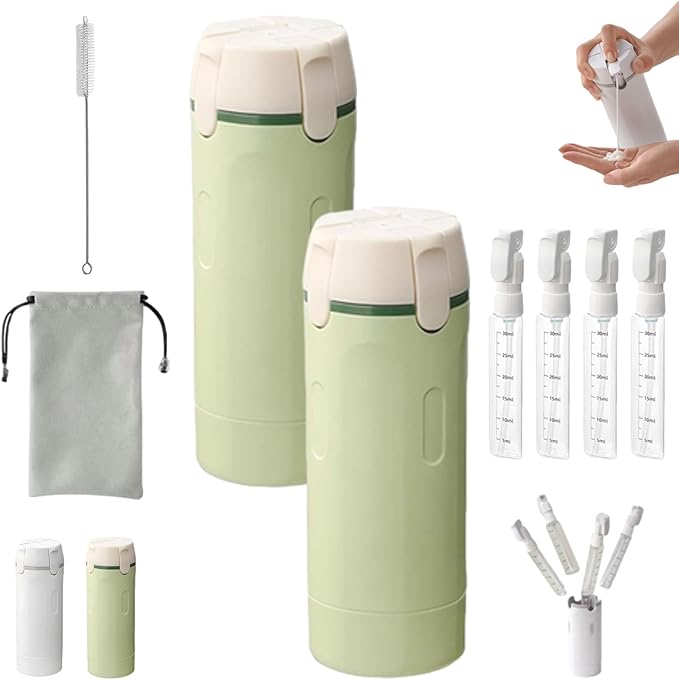 4 in 1 Travel Dispenser Bottle, 4 Pump Travel Bottle Set, 4 in 1 Leak Proof Travel Bottle Dispenser, with Measurement Scale & Label Stickers, for Toiletries (B*2)