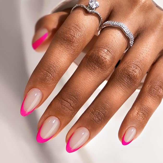 French Tip Press On Nails Almond - BTArtbox Hot Pink Short Stick On Nails for Women, Glue On Nails with Nail Glue in 16 Sizes - 32 Soft Gel Fake Nails Kit, Berry French