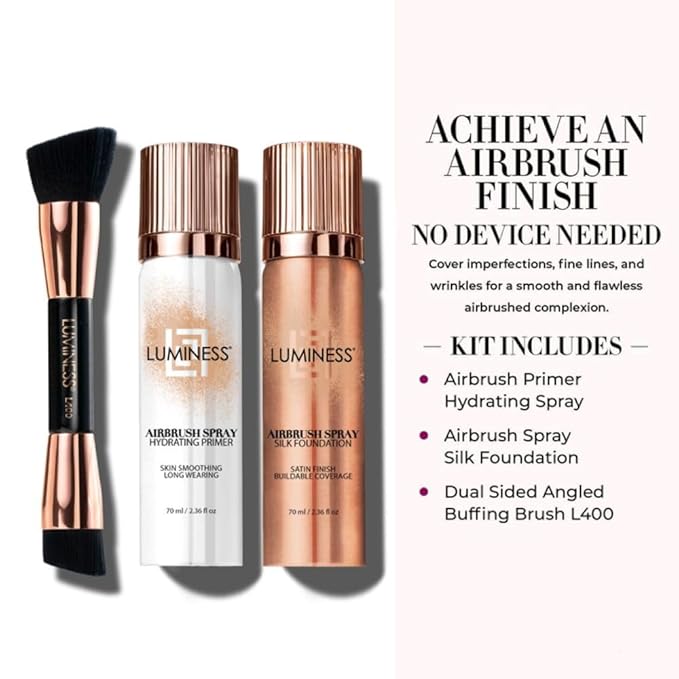 LUMINESS Complete Makeup Kit - Includes Face Palette, Airbrush Foundation, Primer and Brush - Silky, Long-Wearing, Easy to Blend, Perfect Makeup for Older Women, 4-PC Make Up Set (16 - Light Rich)