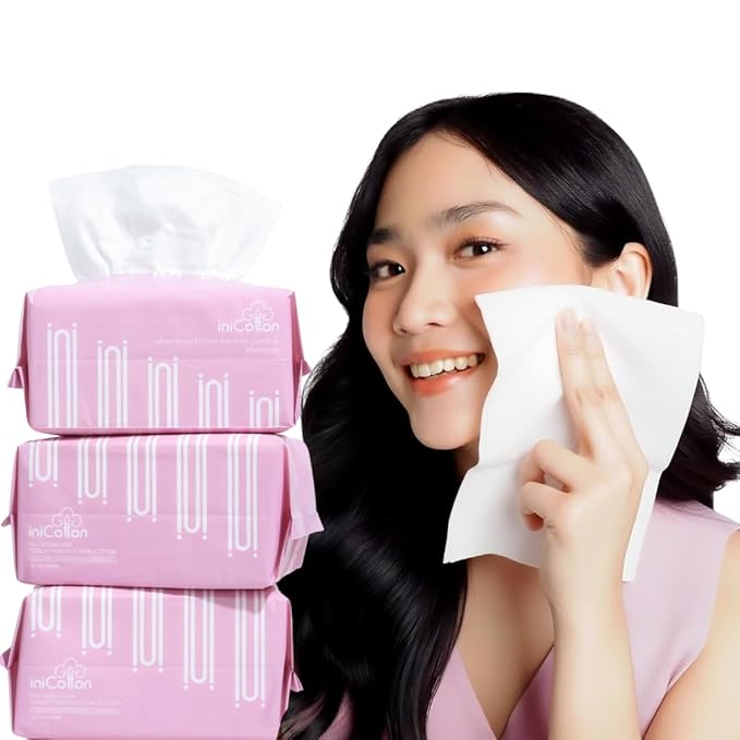 iniCotton Face Towels, Indonesian Unscented Cotton Tissues for Sensitive Skin, Disposable Face Towelette, Ultra Soft, Makeup Remover Dry Wipes, Travel Size, 90 ct per Pack, 3 Packs, 270 Ct Total