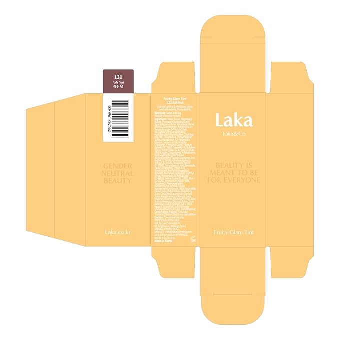 Laka Fruity Glam Tint, 4.5g/0.15oz, Glowing Lip Stain with Wide Color Spectrum, Hydrating & Lightweight Texture, Long-Lasting Bold Stain, Non-Sticky, Vegan, K-Beauty (#121 Ashnut)