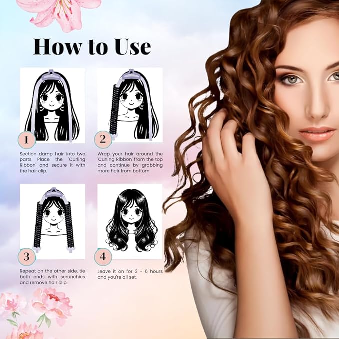 PURELYNE Heatless Hair Curler | 5PC No Heat Curling Rod Headband | With Satin Bonnet, Curler, 2 Scrunchies & Claw Clip Set | Curl Kit for Women & Girls (Cotton Candy, Medium)