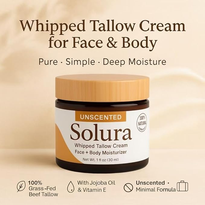 Solura Whipped Tallow Cream, with 100% Grass-Fed Organic Beef Tallow, Jojoba Oil & Vitamin E Oil for Face & Body, Pure Natural Moisturizing Cream, Deeply Moisturizes Dry Skin, Unscented - 30 ml (1)