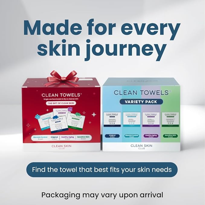 Clean Skin Club Clean Towels® XL Holiday Variety 4-Pack Gift Box – Disposable Face Towels Gift Set, Includes Original, Sensitive, Blemish Control & Healthy Aging, 40 Count Total, 10 Each