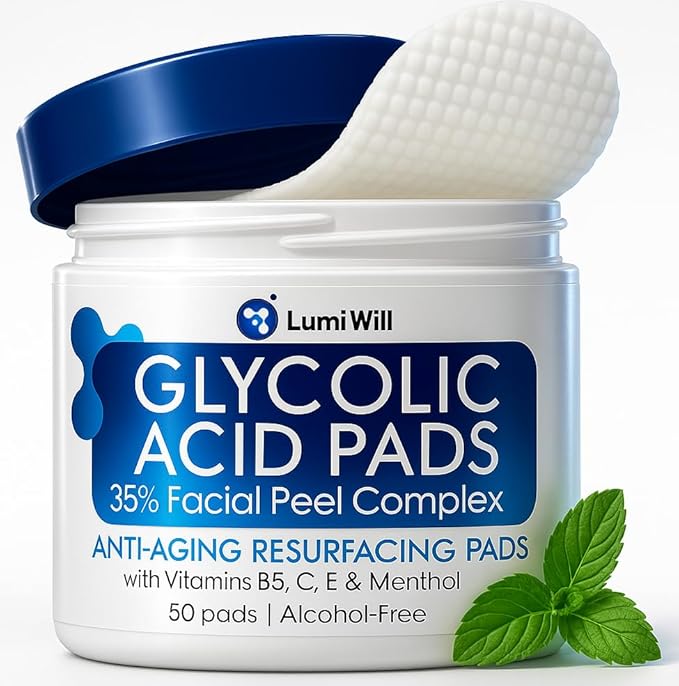 Glycolic Acid Exfoliating Peel Pads with Vitamins B5 C E and Menthol for Acne, Uneven Tone, Fine Lines, Wrinkles, Anti Aging Facial Resurfacing Skin Treatment - 50 Pre-Soaked Pads