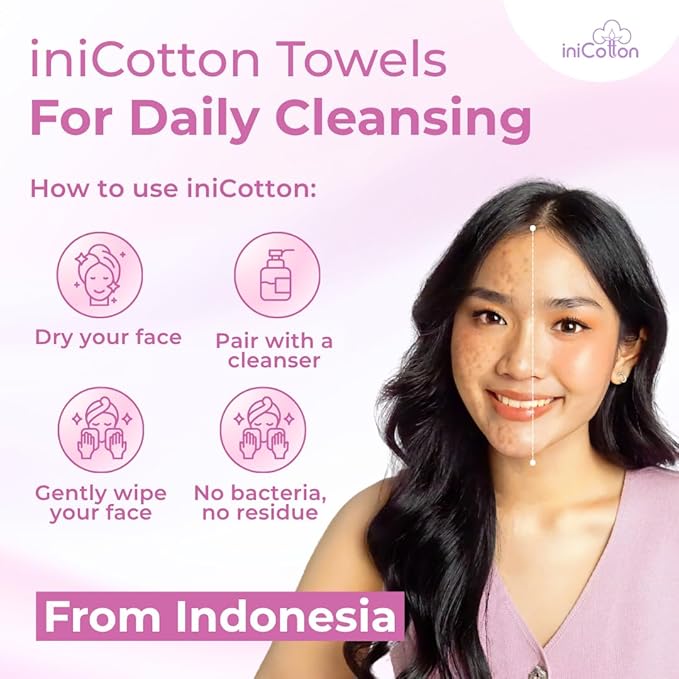 iniCotton Face Towels, Indonesian Unscented Cotton Tissues for Sensitive Skin, Disposable Face Towelette, Ultra Soft, Makeup Remover Dry Wipes, Travel Size, 90 ct per Pack, 6 Packs, 540 Ct Total