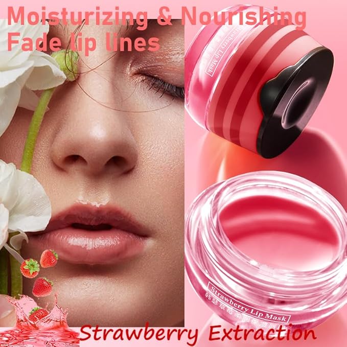 Lip Balm, Vitamin E Moisturizing Propolis Sleeping Mask, Effective Reduces Lines, Prevention of Dry and Cracked Lips Nourishing Dry Lip Care (2 Packs Strawberry & 2 Packs Honey, 1.9Oz)