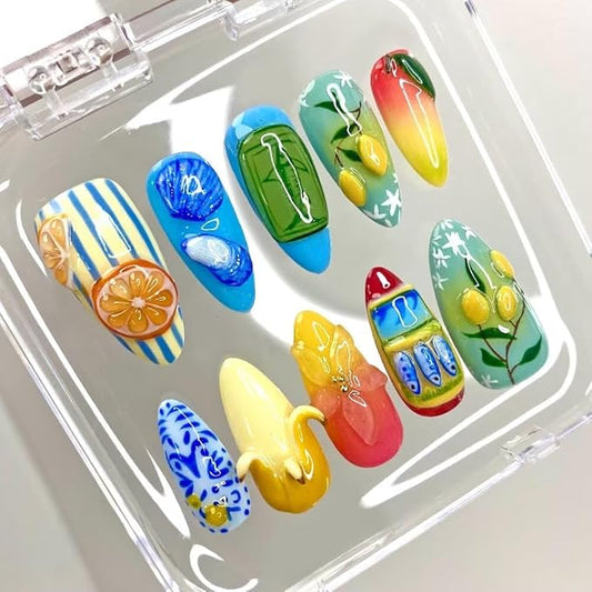 Small MAGLFELL Women Press On Nails - Medium Almond False Nails 10Pcs Luxury Handmade 3D Painting Art ABS Acrylic Artificial Fingernails-S szie